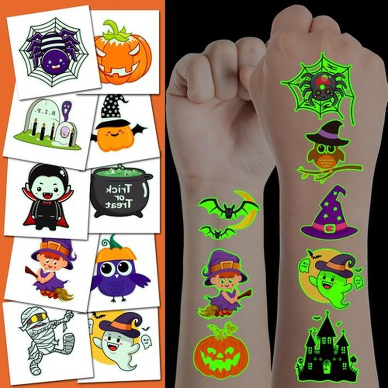 JCFIRE Halloween Tattoos for Kids, Halloween Party Favors, Glow in Dark Temporary Tattoos Birthday Party Decorations Supplies Goodie Bag Fillers Activities Games Accessories