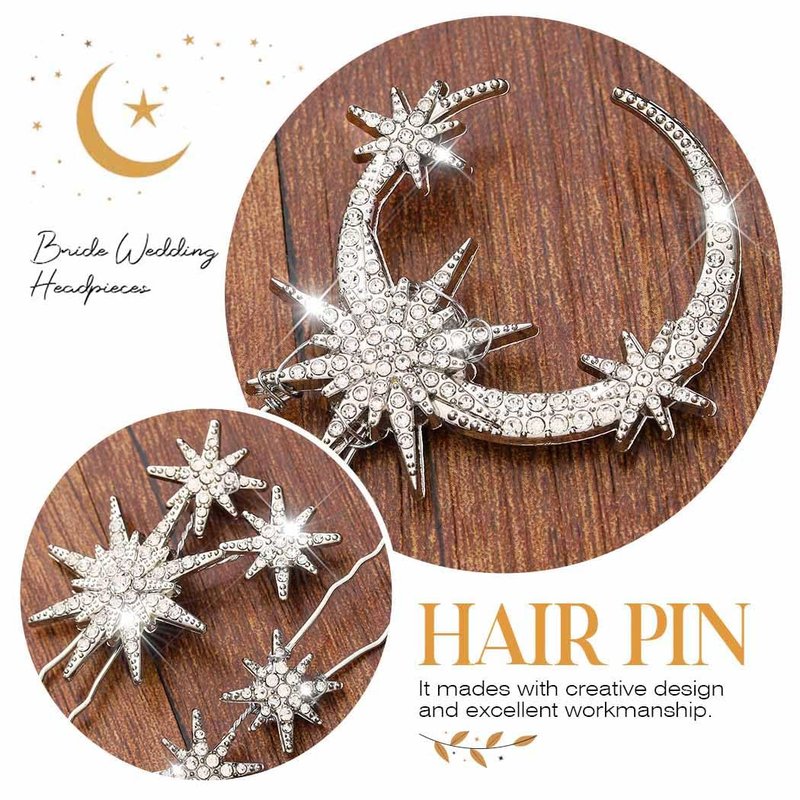 Unicra Star Moon Bride Wedding Hair Pins Crystal Bridal Hair Pieces Rhinestone Goddess Hair Accessories for Women and Girls (Pack of 5) (Silver)