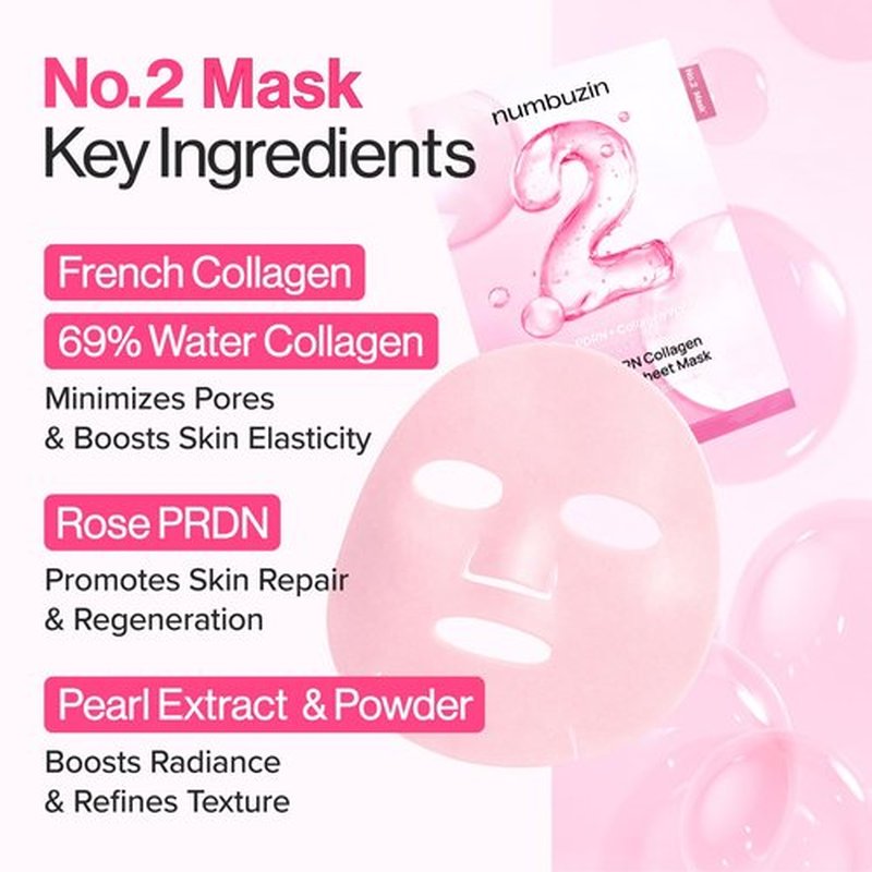 numbuzin No.2 Sheet Mask | Rose PDRN Collagen Plumping Sheet Mask | Korean Mask for face | Brightening, Hydrating, Firming and Moisturizing | Collagen, Peptides, PDRN | 4ea