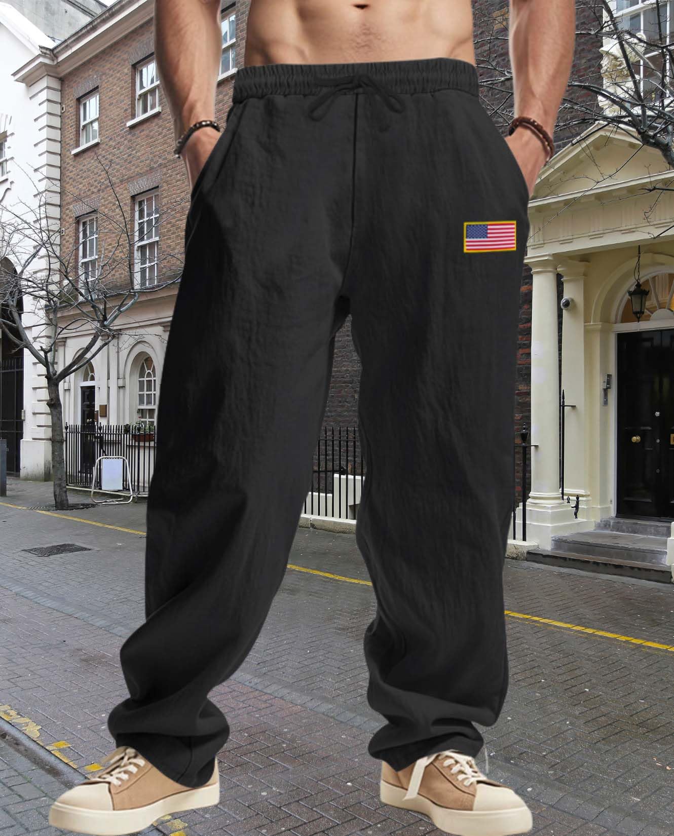 Zhyaj Linen Casual Pants for Men American Flag Graphic Splicing Hip Hop Trousers Elastic Waist Drawstring Sweatpants Pants with Pockets Black