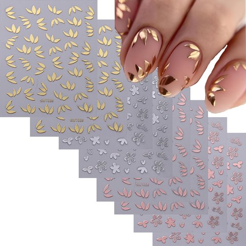 8 Sheets Flower Leaf Nail Stickers - 3D Self-Adhesive Metal Flower Nail Decals in Gold, Silver & Rose Gold - Floral Nail Designs with Retro Petal Leaves - Perfect for Women's Manicure Decoration