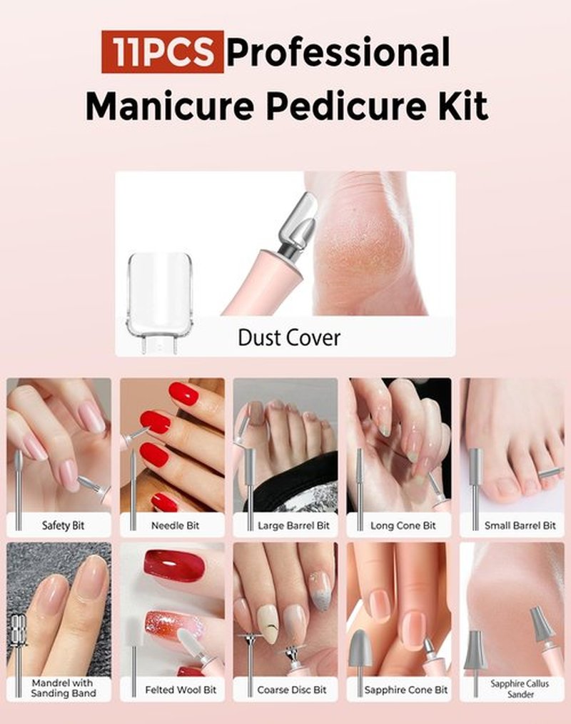 Cordless Nail Drill Electric Nail File, 10-in-1 Manicure Pedicure Kit Nail Grinder Set, 14000 RPM Rechargeable Acrylic Nail Tool, 10 Speeds LED Light LCD Display for Human, Toenails, Home(Pink)