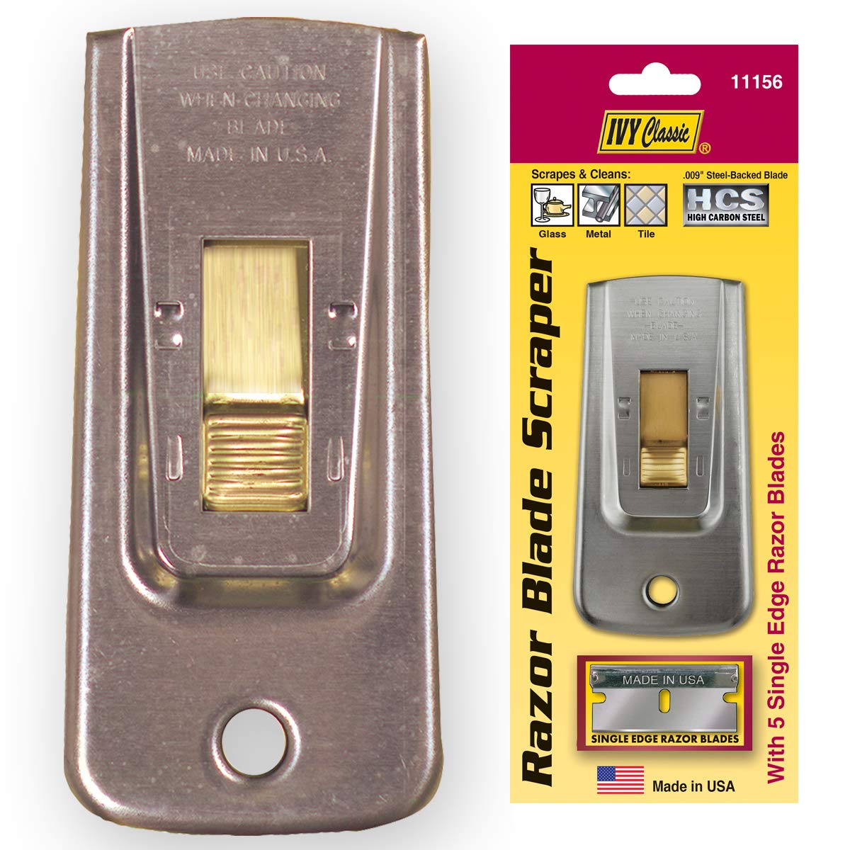 IVY Classic 11156: Razor Blade Scraper, 1 Pack, with 5 High Carbon Steel Blades, Made in USA