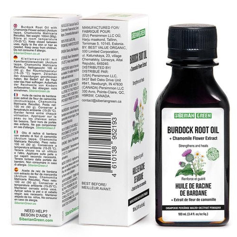 Siberian Green Burdock Oil with Chamomile Extract – 100ml Burdock Root Oil for Hair Growth, Hair Thinning and Loss – Pure and Natural Siberian Herbs – Strengthening and Healing Hair Care