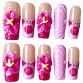Handmade Press On Nails, Medium Long Square, 3D Floral Design, Nude Base with Rose Red Flowers, Rhinestone Accents, Reusable Acrylic False Nails (Duo Blossom, L)