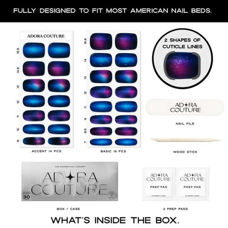 Adora Couture Semi Cured Gel Nail Strips with 30 Pieces - UV Gel Stickers, Manicure Kit, Easy Application Wraps Includes Prep Pads, Nail File, Wooden Stick - UV Light Required (Constellation)