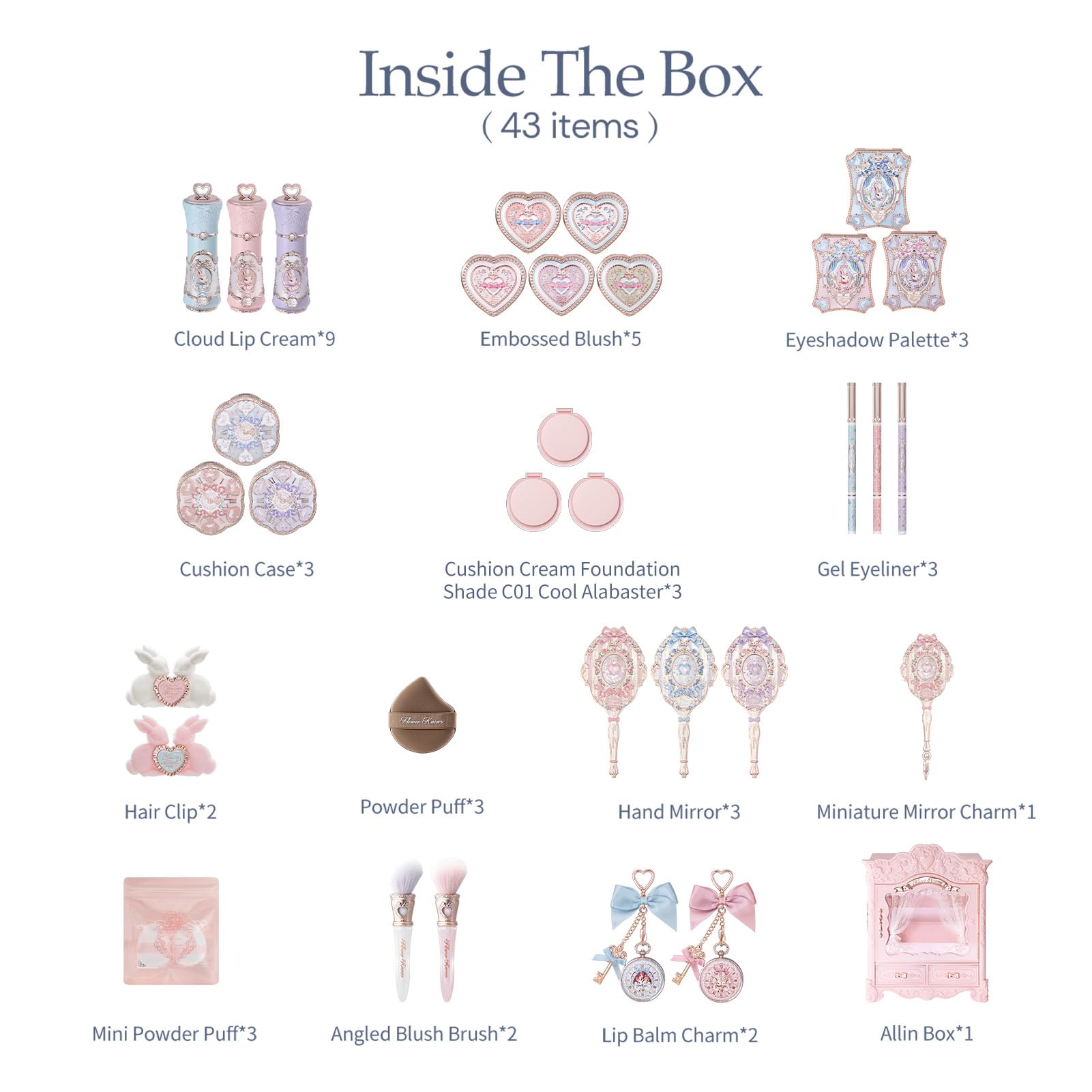 Flower Knows Bunny Garden All-In Box Set,All in One Full Cosmetics Makeup Kit,Perfect Easter Holiday Birthday Make Up Gift(Cushion Cream Foundation C01)