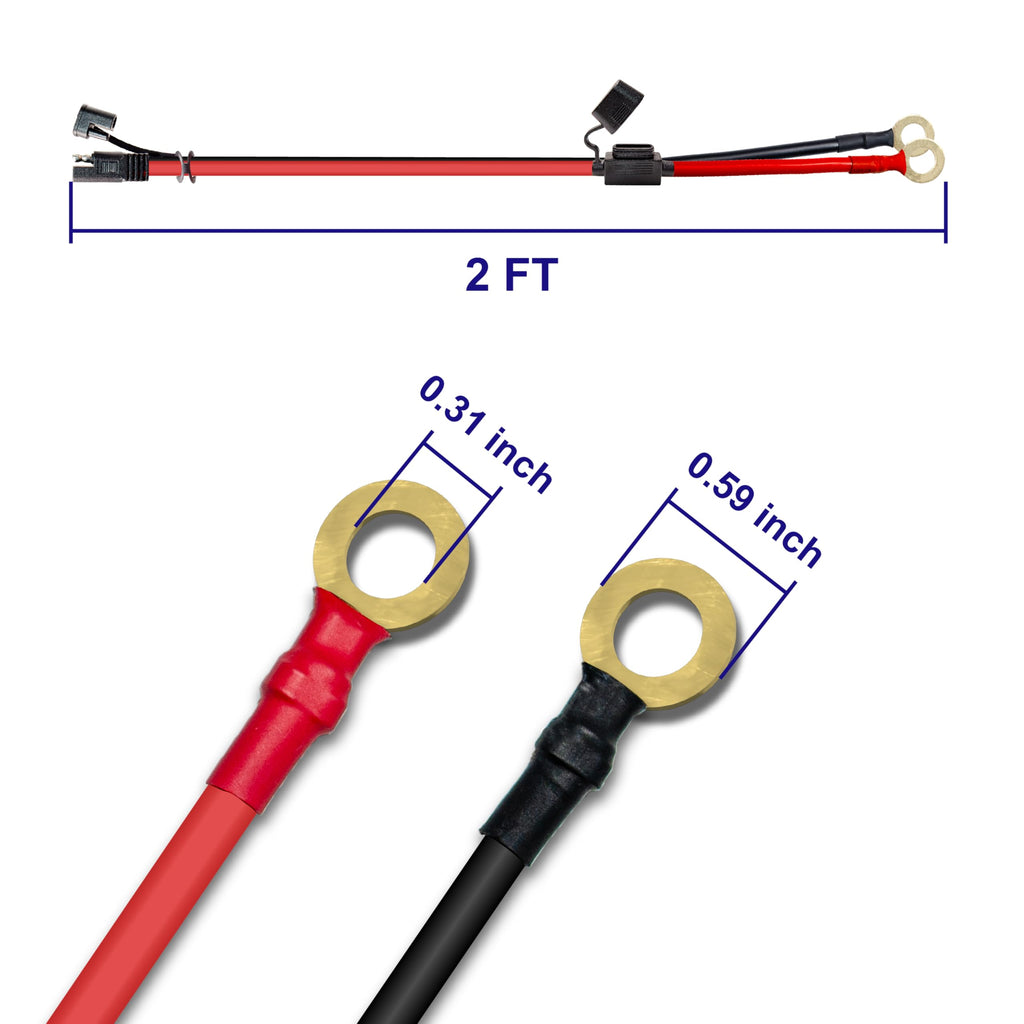 10AWG 2FT Charger Cable, SAE to O Ring Terminal Quick Disconnect Harness, 2 Pin SAE Connector Extension Cables Cord with 15& 20A Fuse for Car, Motorcycle, Solar Panel