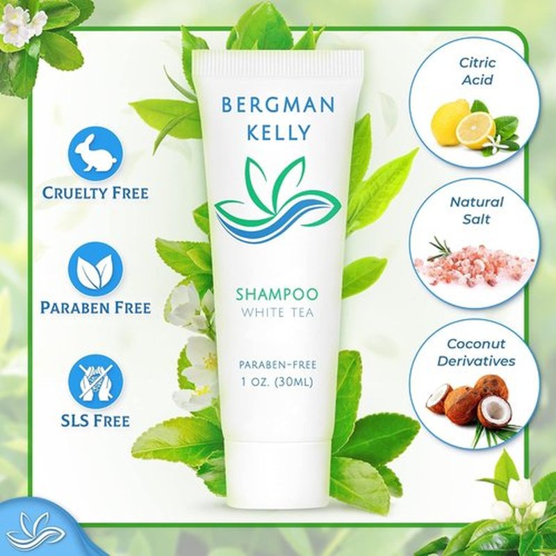 BERGMAN KELLY - Travel Size Hotel Shampoo - 1 fl oz, 200 PK, White Tea - Delight Your Guests with Revitalizing & Refreshing Hair Cleanser for Guest Hospitality - Mini & Small Size Shampoo in Bulk