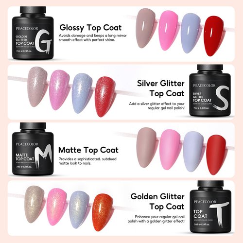 Peacecolor 26PCs Gel Nail Polish Set ,20 Colors Gel Polish Kit with 5Pcs Glossy/Matte/Glitter Top Base Coat Soak Off All Seasons Nude Red Pink Gel Nail Art Kit Valentines Gift for Women