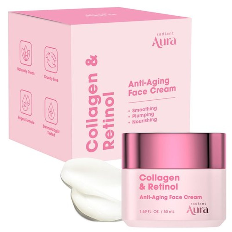 Radiant Aura Collagen & Retinol Face Cream – Dermatologist Tested, Anti Aging, Korean Skin Care – Firming, Anti Wrinkle, Hydrating Moisturizer, Pore Care – Vegan, Clean Beauty – 1.69 Fl Oz