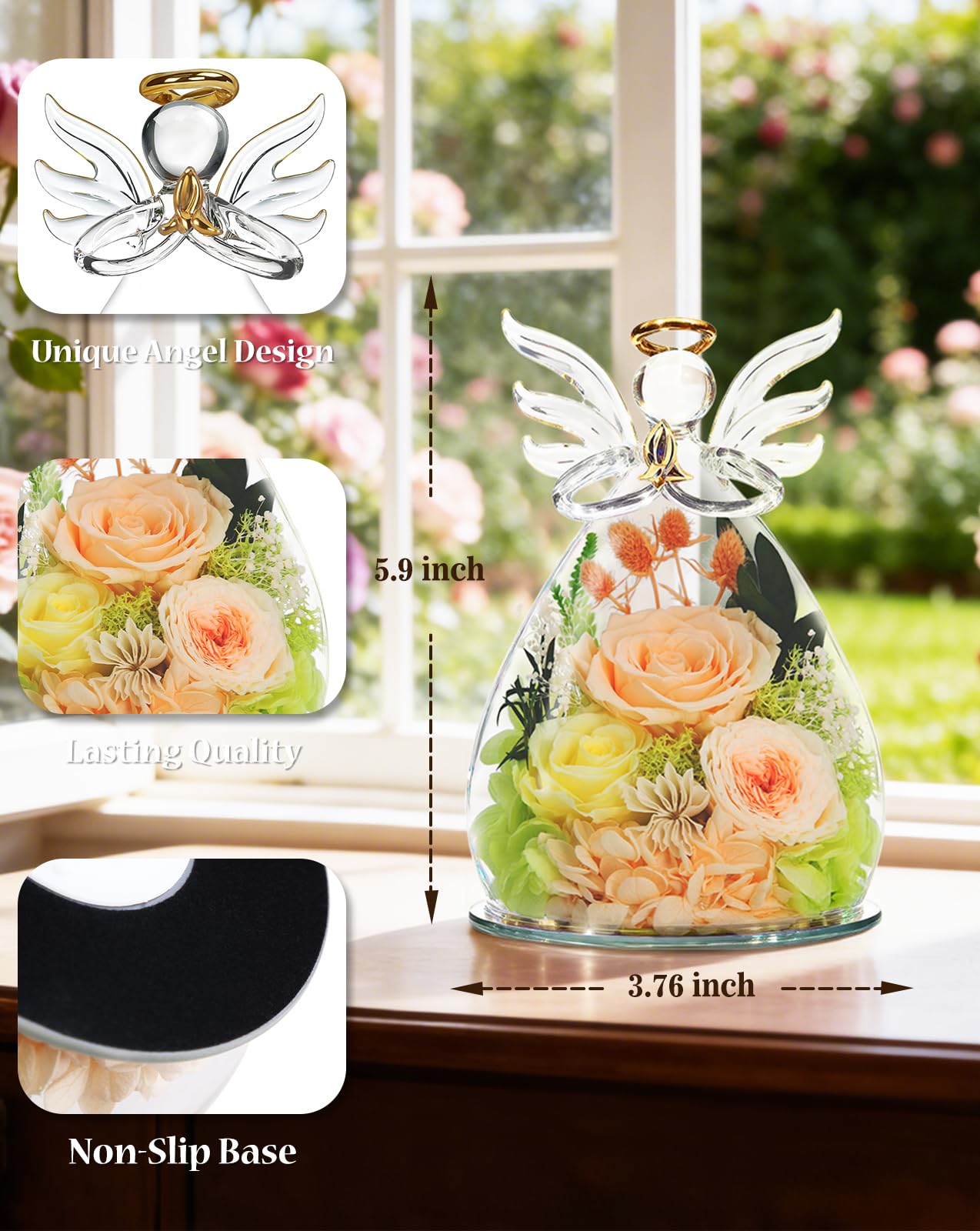 homeasy Mothers Day Roses Gifts for Women Mom, Preserved Flowers Rose in Glass Angel Figurines, Forever Fresh Flowers for Delivery Gift Box with 3D Card for Grandma Wife Her