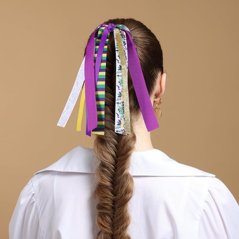 Girls Mardi Gras Ponytail Hair Ribbon Streamer,Gold Green Purple Ribbon Pony Holder Elastic Hair Tie Bands for Women Fat Tuesday Party Costume Dress outfit Pigtail Decor Accessories