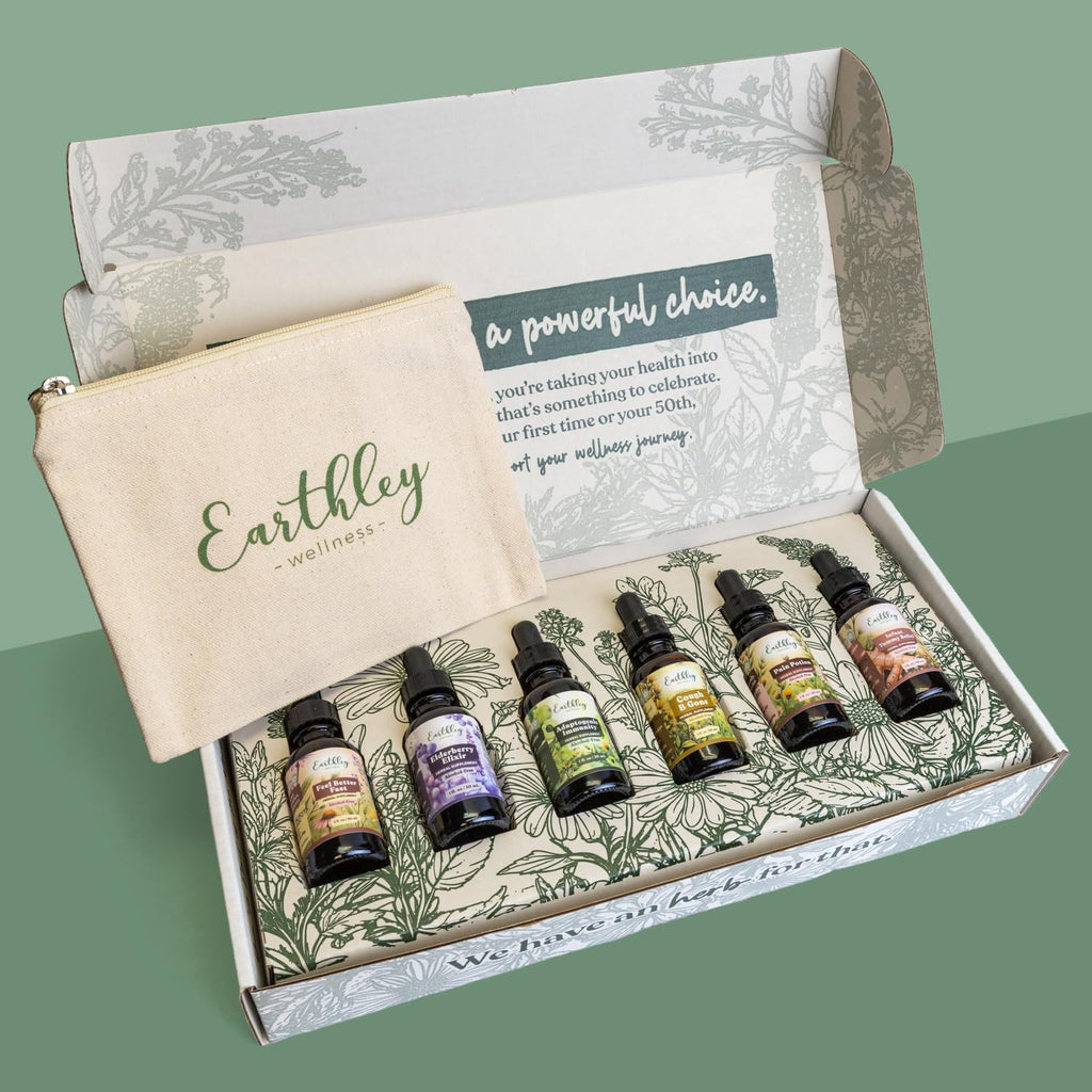 Earthley Wellness Family Organic Herbal Tincture Set, Cough Support Bundle with Elderberry, Cough, Feel Better Fast and More, Alcohol Free Formulas, Carry Bag Included (6 Set, Organic Herbal Formulas)