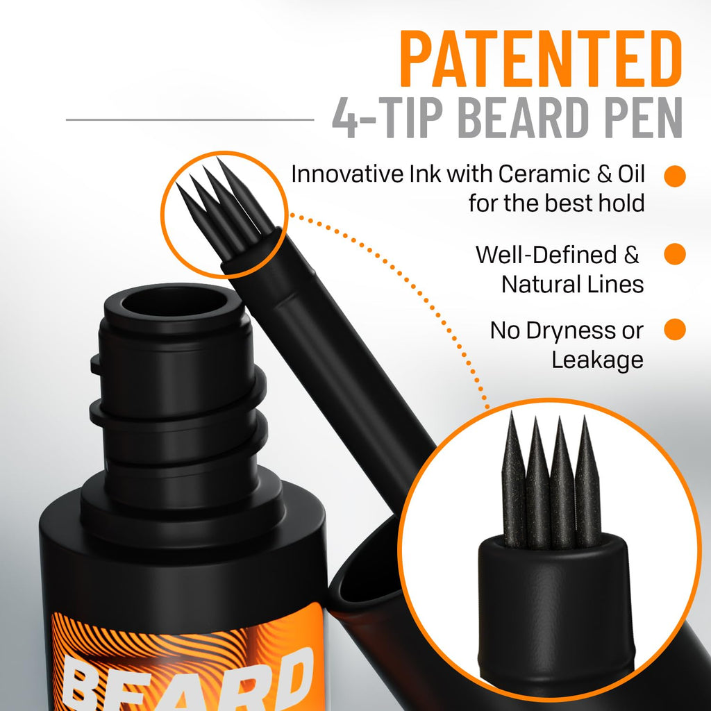 FOLLICLE BOOSTER Beard Pen Filler Styling Kit for Men - 3-in-1 Filling Set with 4-Tip Fork, Normal Pencil, and Brush - Waterproof, Sweatproof & All-Day Hold - Medium Black