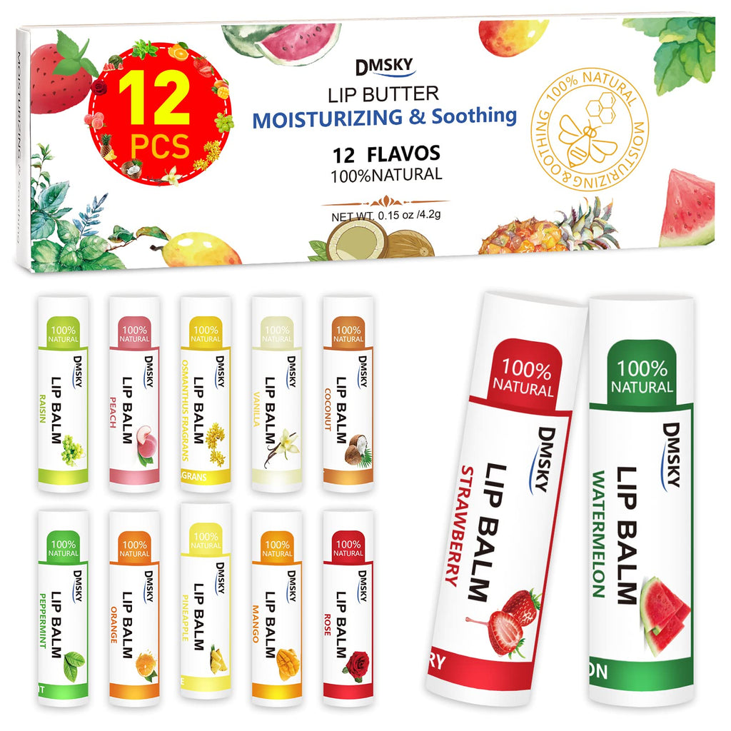 DMSKY 12 Pack Lip Balm, Natural Lip Balm Bulk with Vitamin E and Coconut Oil, Moisturizing Lip Care for Dry Chapped Lips, Party Favors-12 Flavors