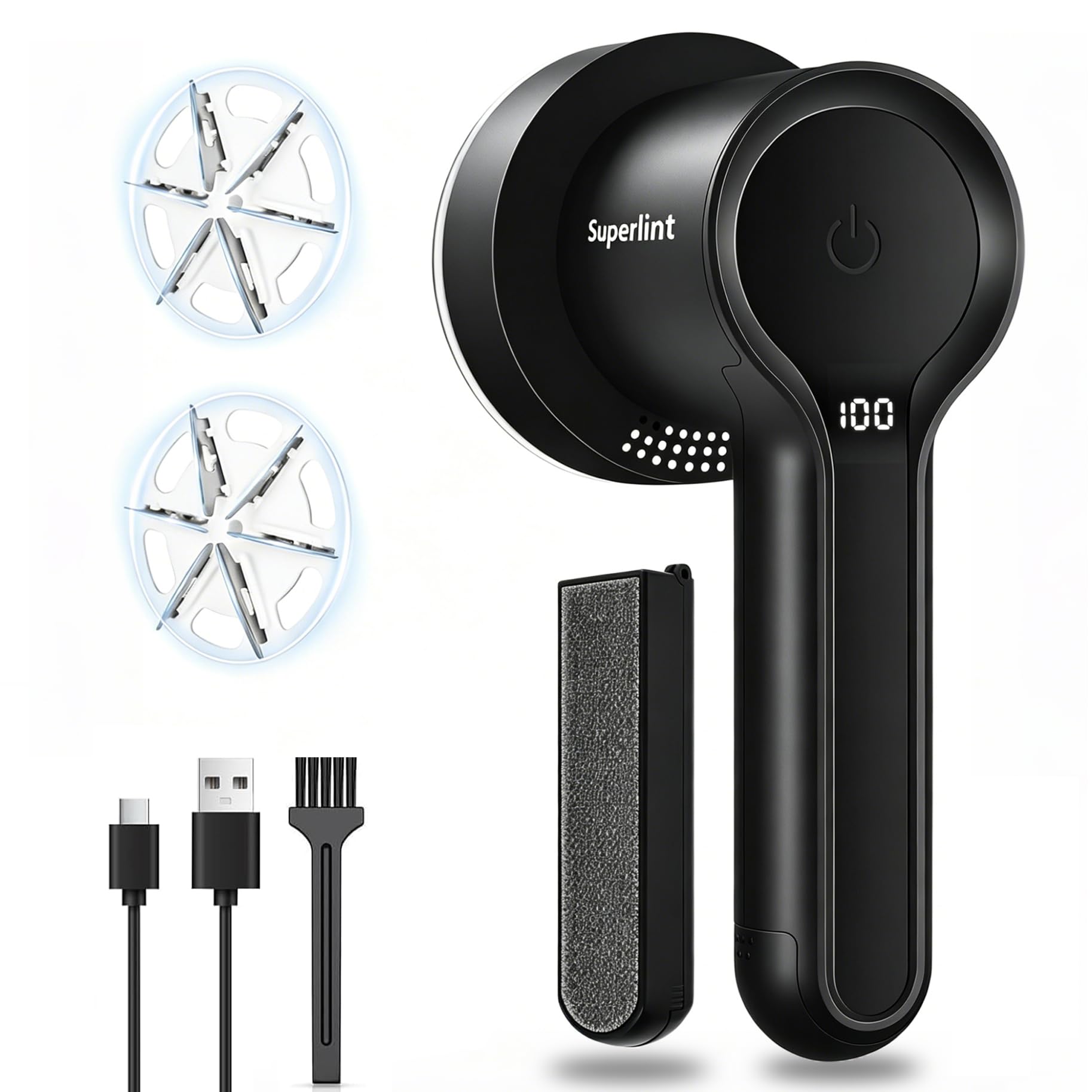 SuperLint 2-in-1 Rechargeable Fabric Shaver LED 3-Speed Lint Remover Black