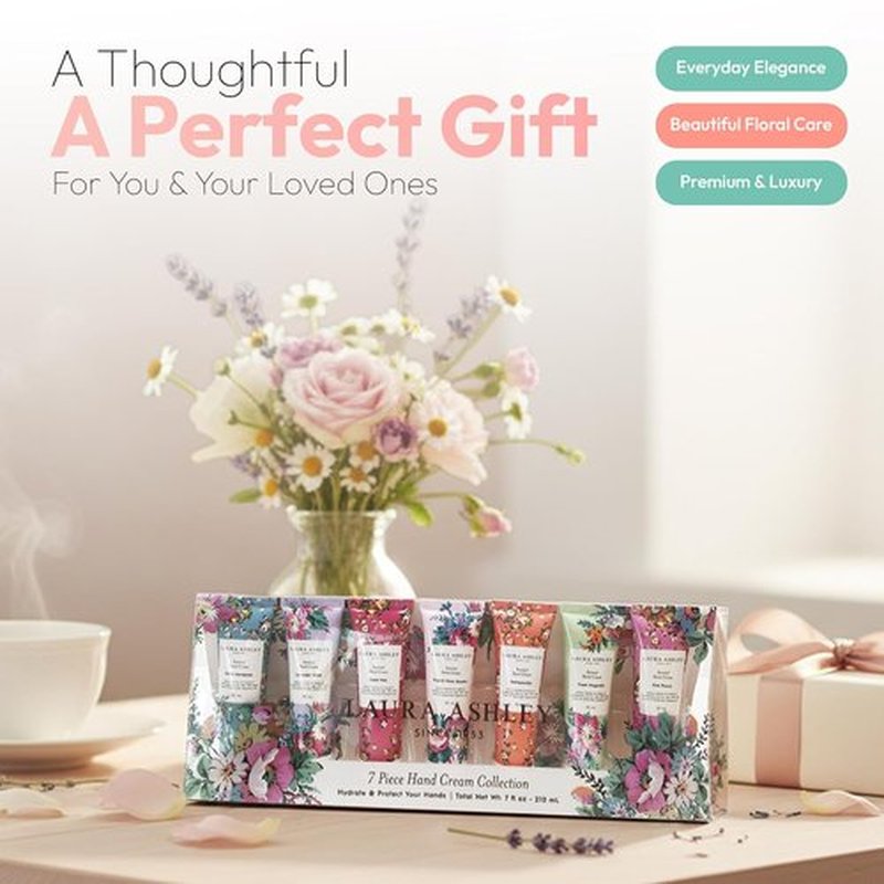 Laura Ashley Hand Cream Set - 7-Piece Moisturizing Lotion Collection for Dry Skin | Travel Size 30ml