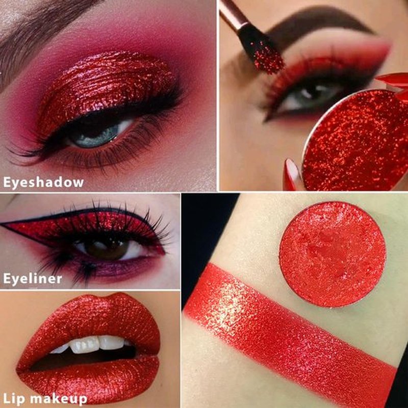 Afflano Red Glitter Eyeshadow, Diamond Bright Red Eyeshadow Instant Color, Super Pigmented Metallic Eye shadow One Swipe, Holographic Single red Shimmer Eye shadow for Goth Smoky Clown Eyes Makeup