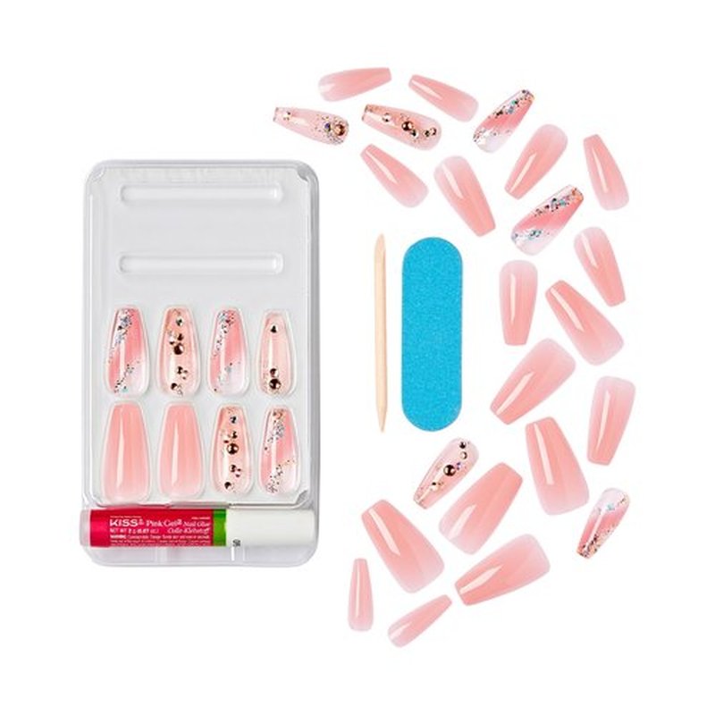 KISS Jelly Fantasy Press On Nails, Nail glue included, 'Jelly Cat', Multicolor, Long Size, Coffin Shape, Includes 28 Nails, 2g glue, 1 Manicure Stick, 1 Mini File (Pack of 2)
