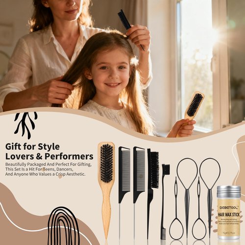 DEBETOOL 10-Piece Slick Back Hair Brush Set - Boar Bristle Hair Styling Tools Kit with Edge Brush & Wax Stick for Men Women, Kid