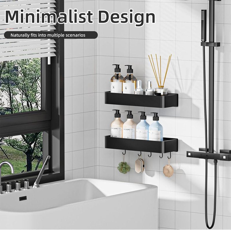 Wisfame Shower Caddy - Adhesive No Drill Rustproof Bathroom Shelf | 2 Pack Large Capacity Aluminum with 5 Hooks - Black