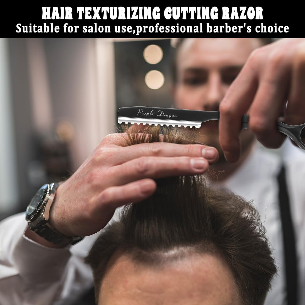 Hair Razors for Cutting, 6.89" Stainless Steel Hair Thinning Razor Kit with 10Pcs Replacement Blades, Professional Styling Texturizing Cutting Razor Tool for Salon and Home(Black)