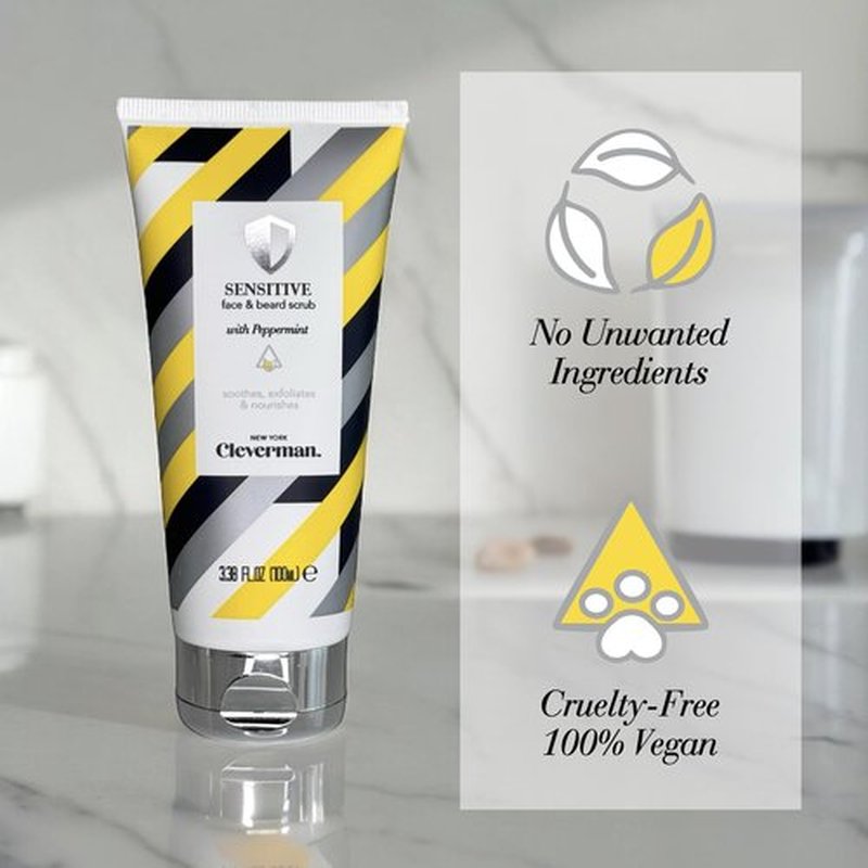 Cleverman Sensitive Face and Beard Scrub for Men, 100ml, Peppermint-Infused Exfoliating Facial Cleanser