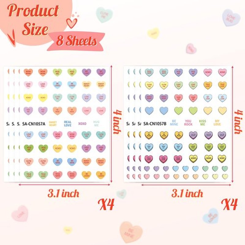 CNhoqc 8 Sheets Valentine’s Day Conversation Heart Candy Color Nail Sticker, Valentine’s Theme Colorful Nail Sticker with Sweet Words Hug Me Be Mine Cute Nail Decals for Girls DIY Manicure Supplies