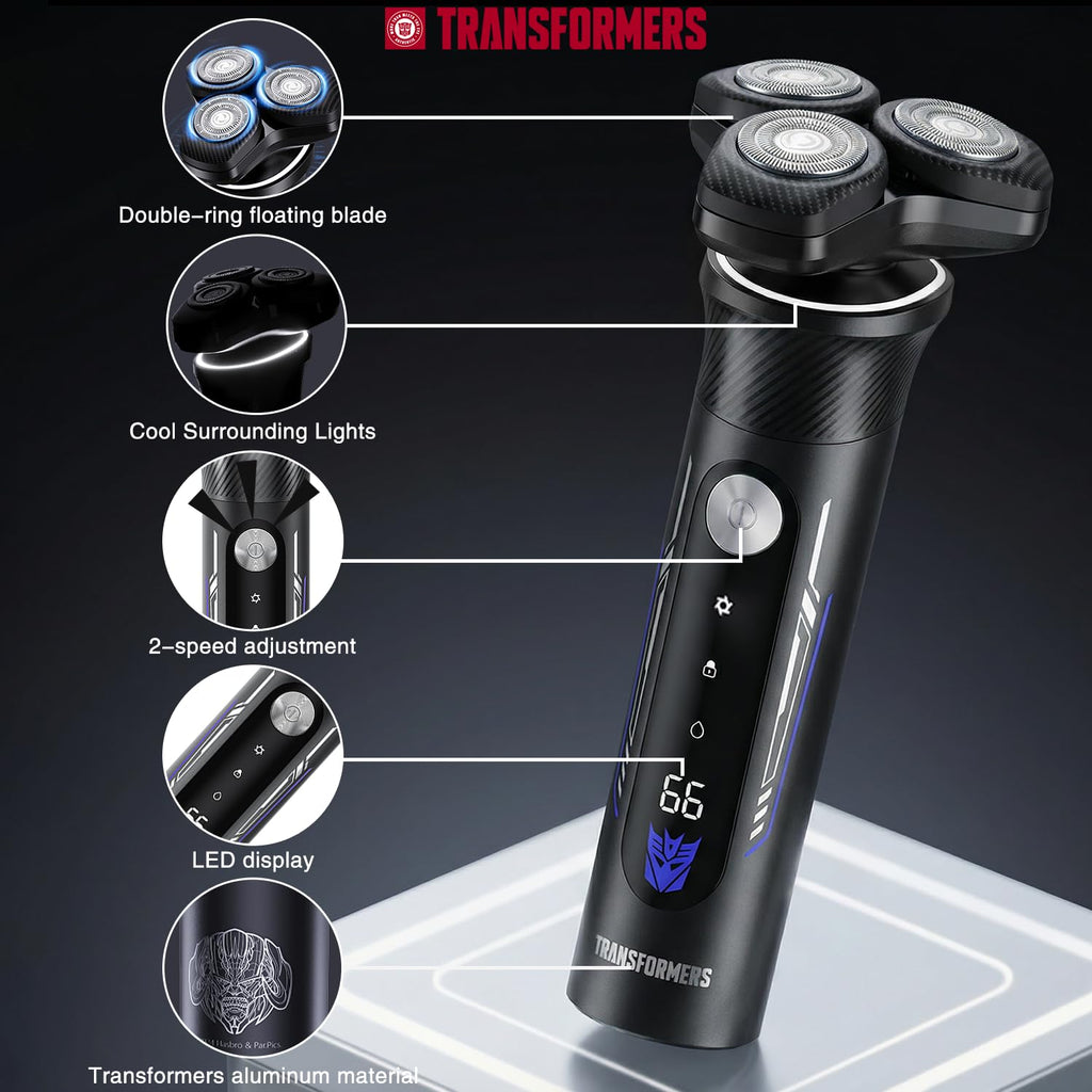 TRANSFORMERS Electric Razor for Men, 2-Speed Adjustable Shaver, IPX7 Waterproof, USB-C Fast Charging, LED Display, Smart Anti-Snag Beard Trimmer for Sensitive Skin, Mens Grooming Gift (Black)