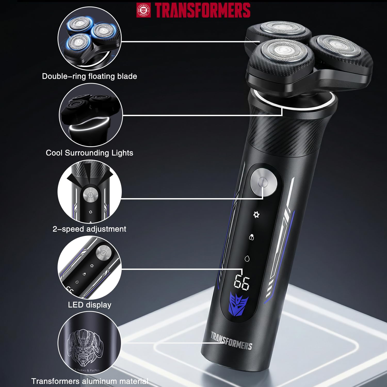 TRANSFORMERS Electric Razor for Men, 2-Speed Adjustable Shaver, IPX7 Waterproof, USB-C Fast Charging, LED Display, Smart Anti-Snag Beard Trimmer for Sensitive Skin, Mens Grooming Gift (Black)