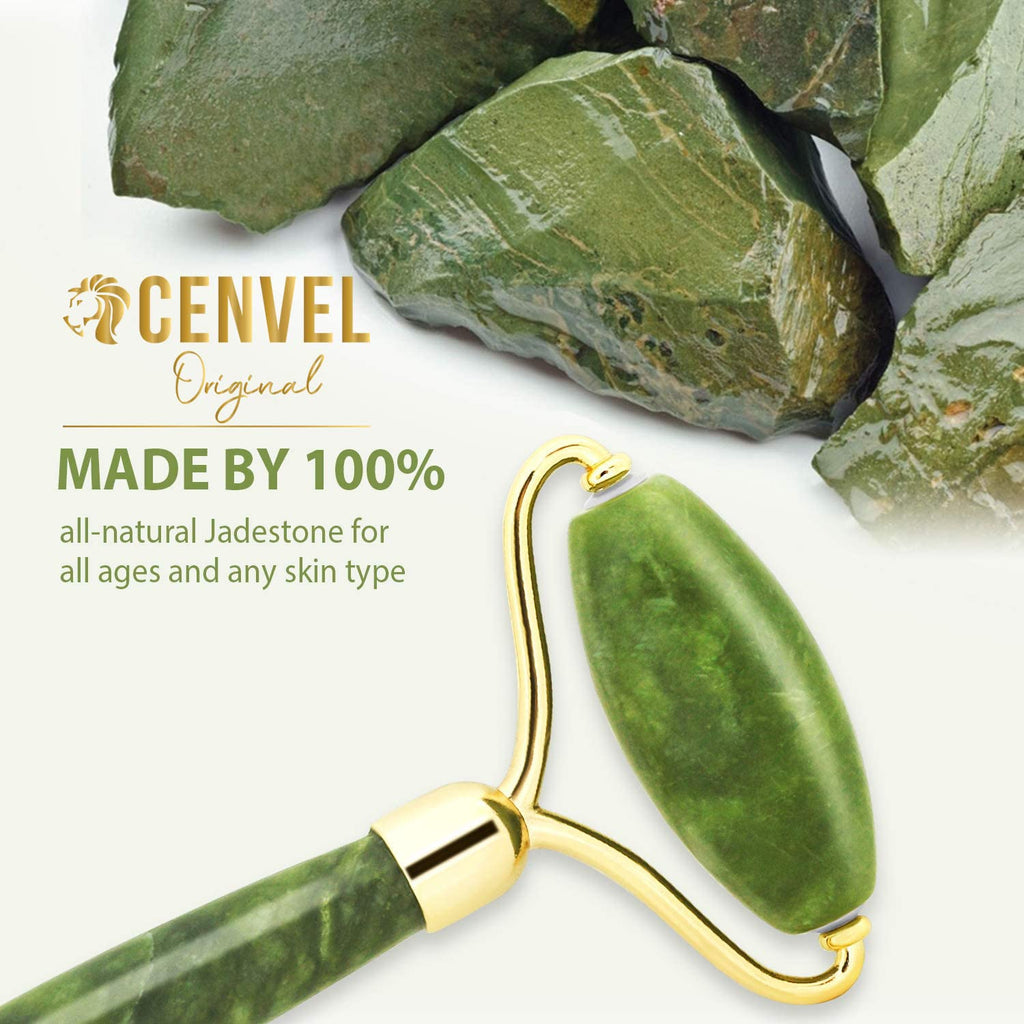 100% Real Natural Jade Stone Roller and Gua Sha Set with Vitamin C Serum | Great for Eye Puffiness Treatment, Skin Tightening, Anti Aging, Rejuvenate Face & Neck | Beauty Gift for Women (Green)