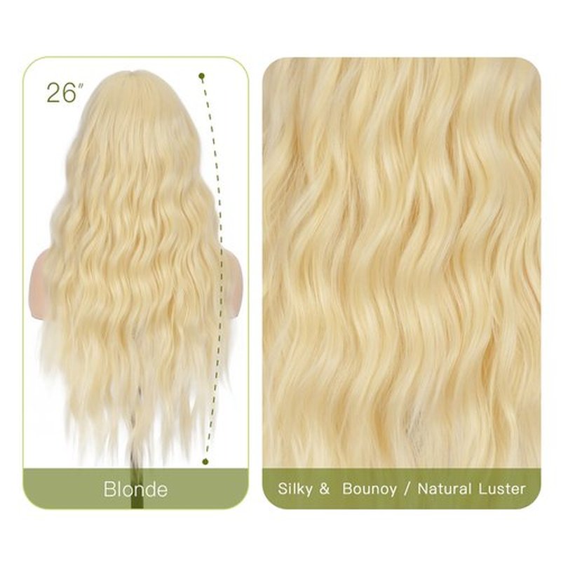 Aida ble Long Blonde Wig with Curtain Bangs 26 Inch Wavy Blonde Wigs for Women Synthetic Layered Wig Natural Looking Heat Resistant Fiber Wigs for Daily Party Halloween Cosplay Use