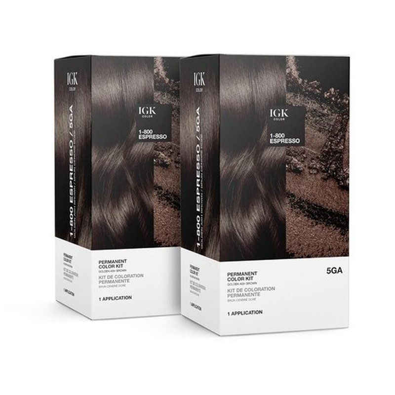 IGK Permanent Hair Dye Color Kit - 5GA1-800 Espresso Golden Ash Brown | 100% Gray Coverage, Strength & Shine