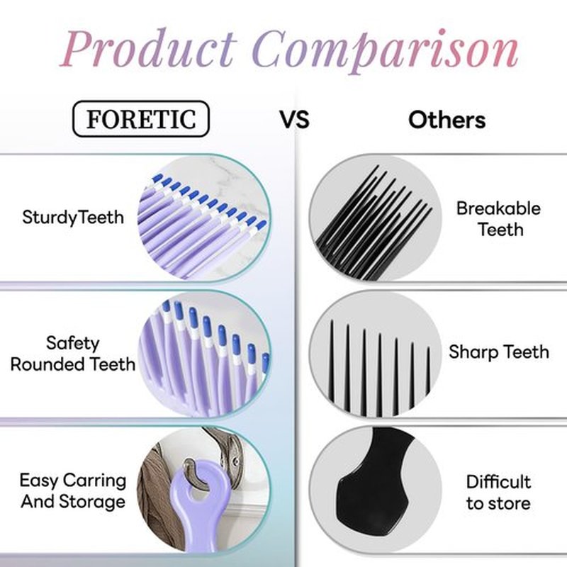Foretic Smooth Hair Pick Comb for Curly, Thick, Medium to Long Hair, Facial Hair（Pink, Purple）