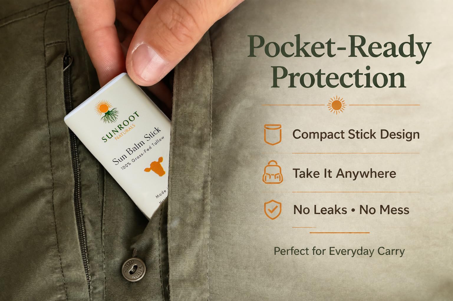 Sunroot Naturals 15% Zinc Sun Stick, .5 oz | Mineral Sun Stick Face & Body Balm | Non-Nano Zinc Oxide Formula | Travel Size Great for Outdoor Use | Reef Friendly, Made in USA