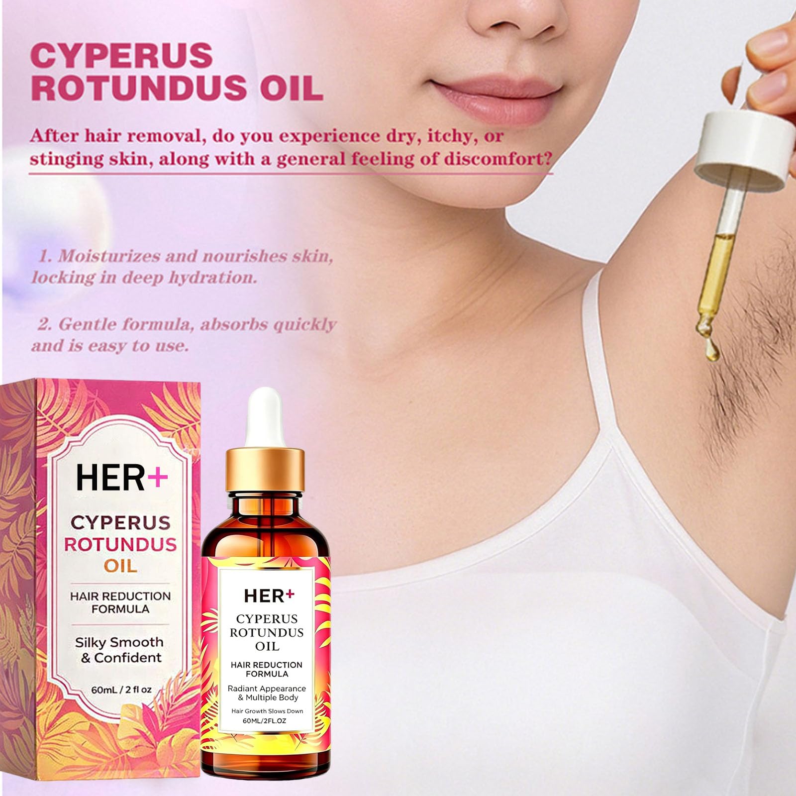 HER+ Cyperus Rotundus Oil - Hair Reduction Formula, Silky Smooth & Confident, Reducing Body Hair Growth, Easy to Use, Safe, 2 Fl Oz (2PCS)