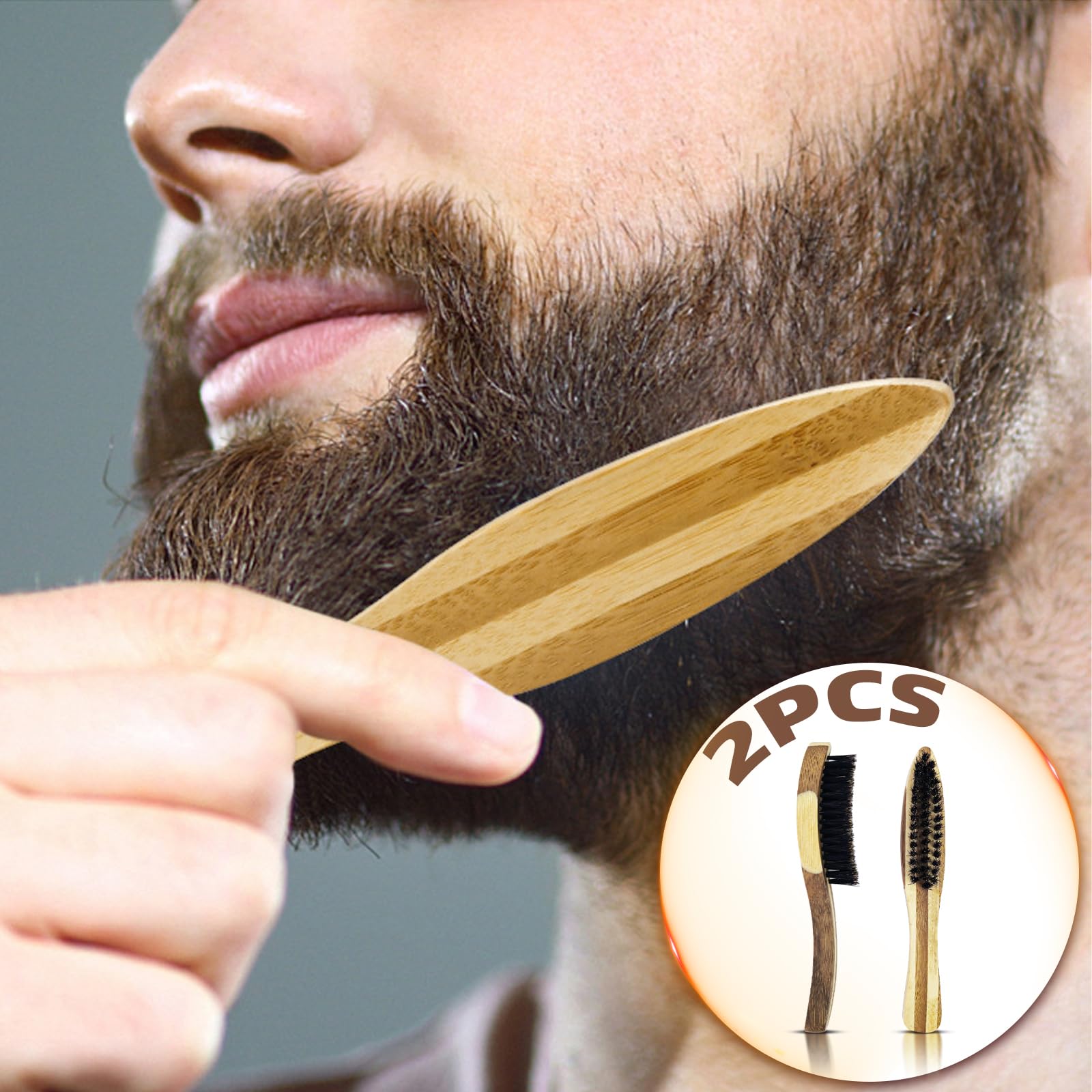 2 Pcs Beard Styling Brush, Bamboo with Natural Boar Bristles Beard & Mustache Brush for Men, Ergonomic Design Detangling Smoothing Tool for Thick Coarse Hair