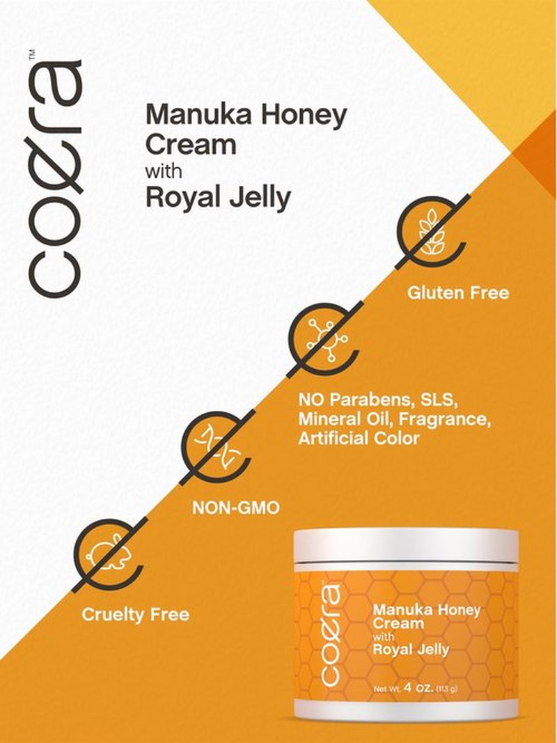 Coera Manuka Honey Cream | with Royal Jelly | 4oz | Hydrating Moisturizer for Face & Skin | Free of Parabens, SLS, & Fragrances | Packaging May Vary