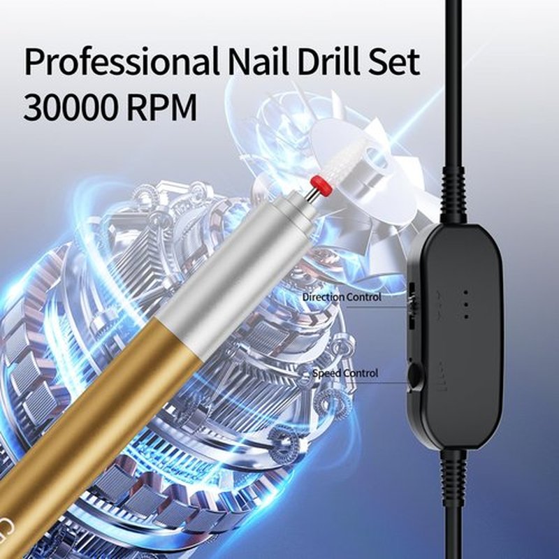 Electric Nail Drill with Smooth Variable Speed Control - Professional Nail File Machine for Acrylic/Gel Nails, Manicure/Pedicure Use, Includes Multiple Grinding Bits (Gold Tail)