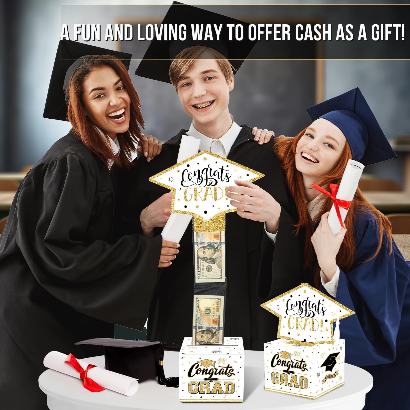 VABAMNA Class of 2026 Graduation Money Box for Cash Gift Pull, Funny Surprise DIY Cash Gift Idea Kit Graduation Money Holder for School Congrats Grad Party Favors, White Gold