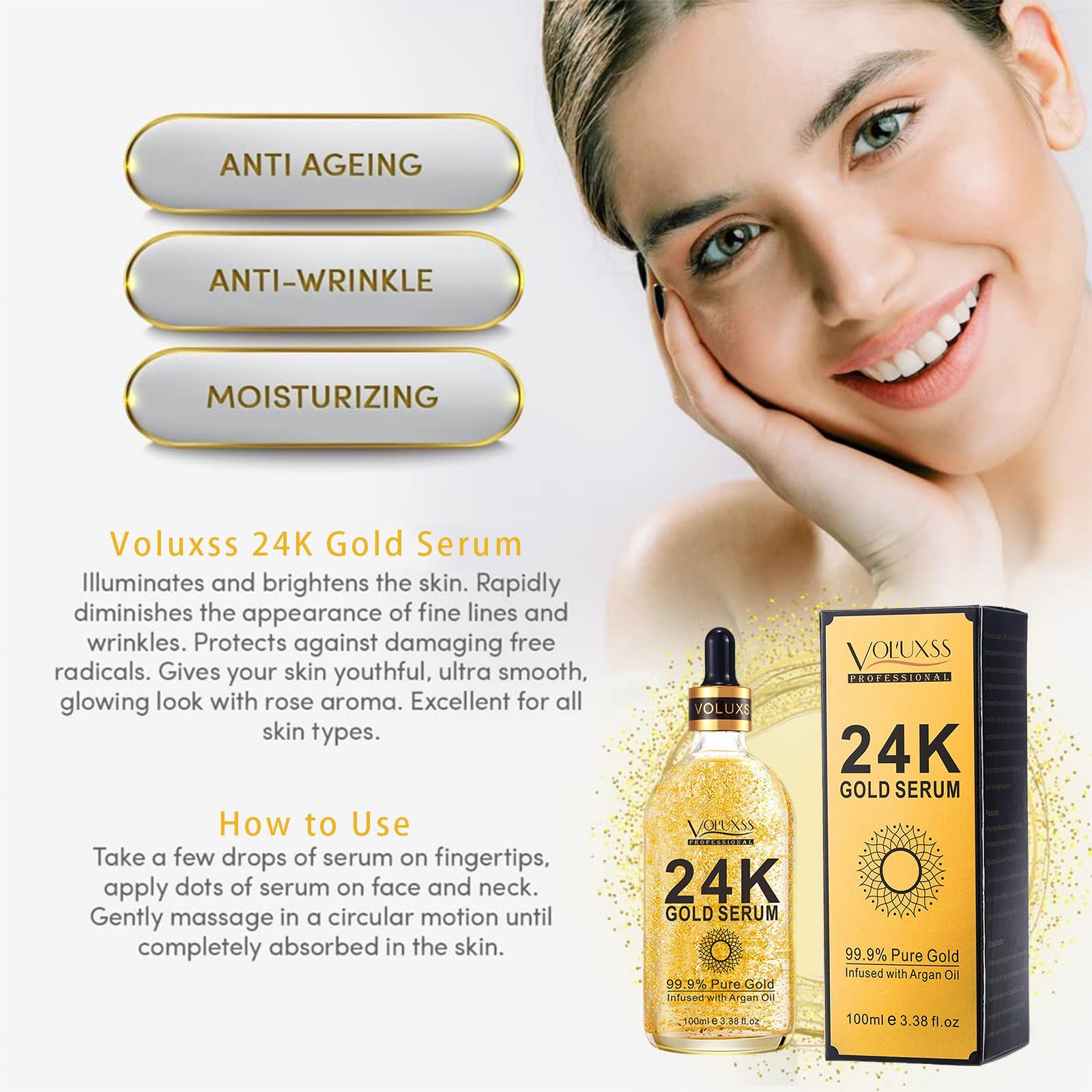 24K Gold Anti-Aging Face Serum 2Pack with Vitamin C & Hyaluronic Acid. Real 24k Gold Serum for face Boosts Collagen, Reduces Dark Spots & Fine Lines for Hydrated, Radiant Skin 6.76fl.oz