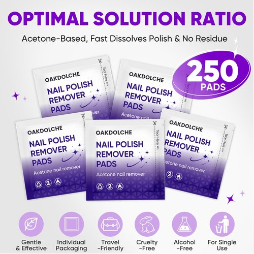 OAKDOLCHE 250 Pack Bulk Acetone Nail Polish Remover Pads, Individually Wrapped & Travel-Friendly, Quick & Effective for Gel & Fingernail Polish, Home & Professional Nail Polish Removal Wipes