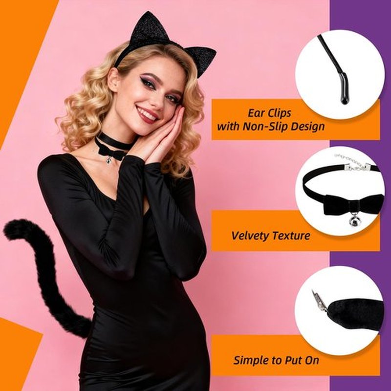 CAHOTO Halloween Black Cat Makeup Kit for Adult, Ears Headband, Black Lipstick, Eyeliner, Tail, and Bell Collar, Costume Accessories for Cosplay Party SFX Makeup