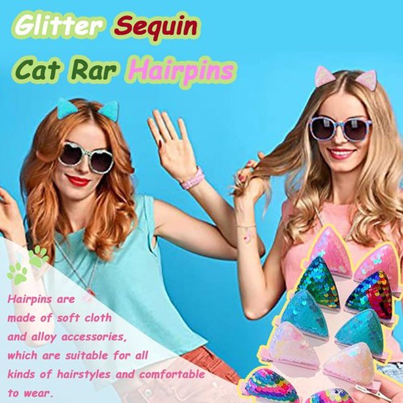 12 Glitter Sparkly Cat Ear Hair Clips and Barrettes for Girls, Toddlers, and Kids - Animal Hair Pins