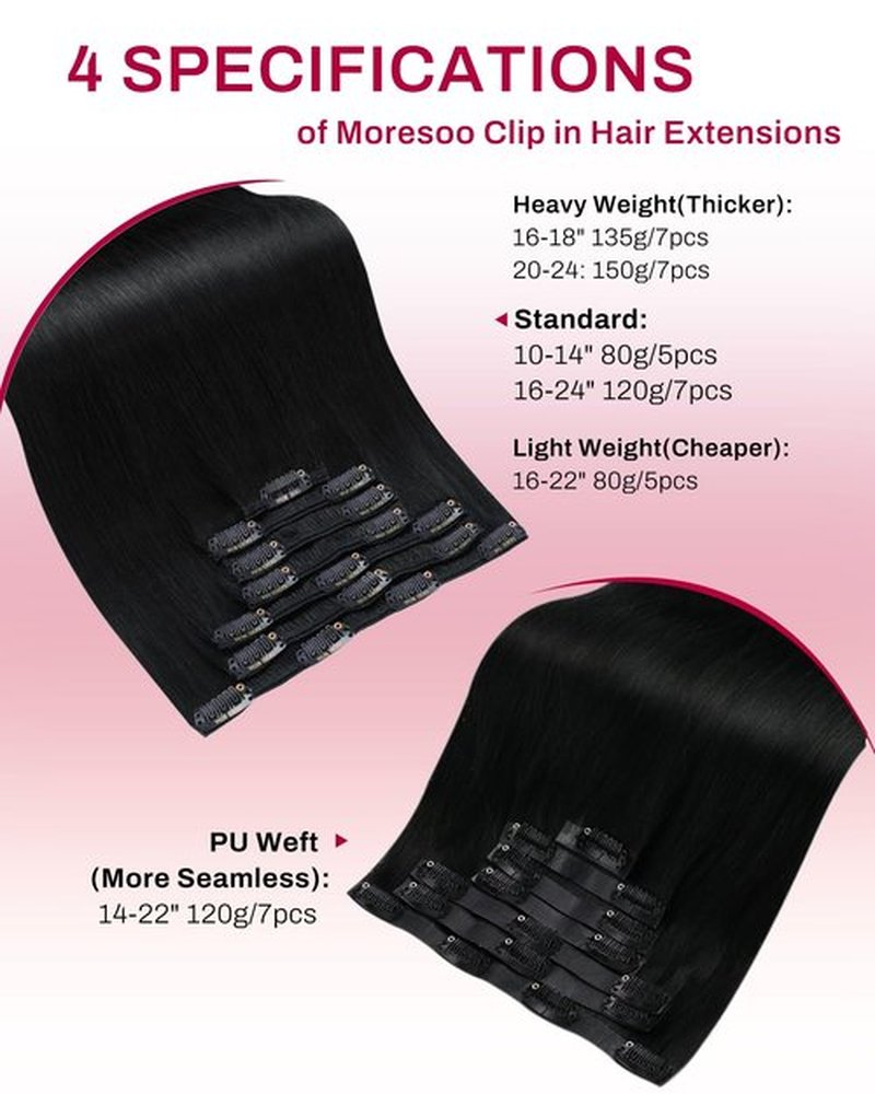 Moresoo Black Clip in Hair Extensions Real Human Hair Clip in Extensions Black Hair Extensions for Women Remy Double Weft 120g/7pcs 20 Inch