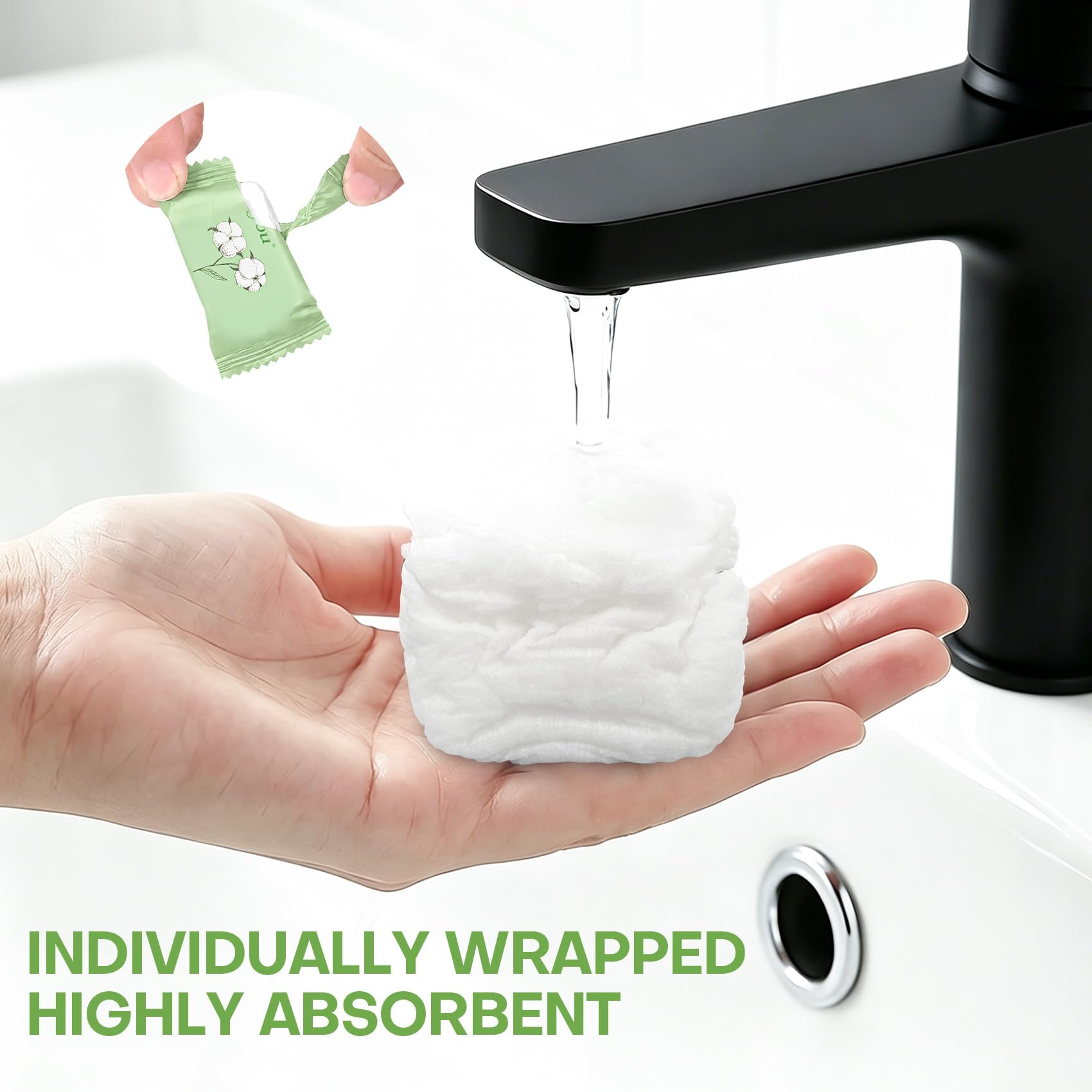 fancyou Disposable Face Towel Thicken 50 Pack Compressed Towel Tablets Reusable, Mini Disposable Facial Washcloths Compact Individually Wrapped Clean Towels for Travel Camping Beauty Home Gym (Green)