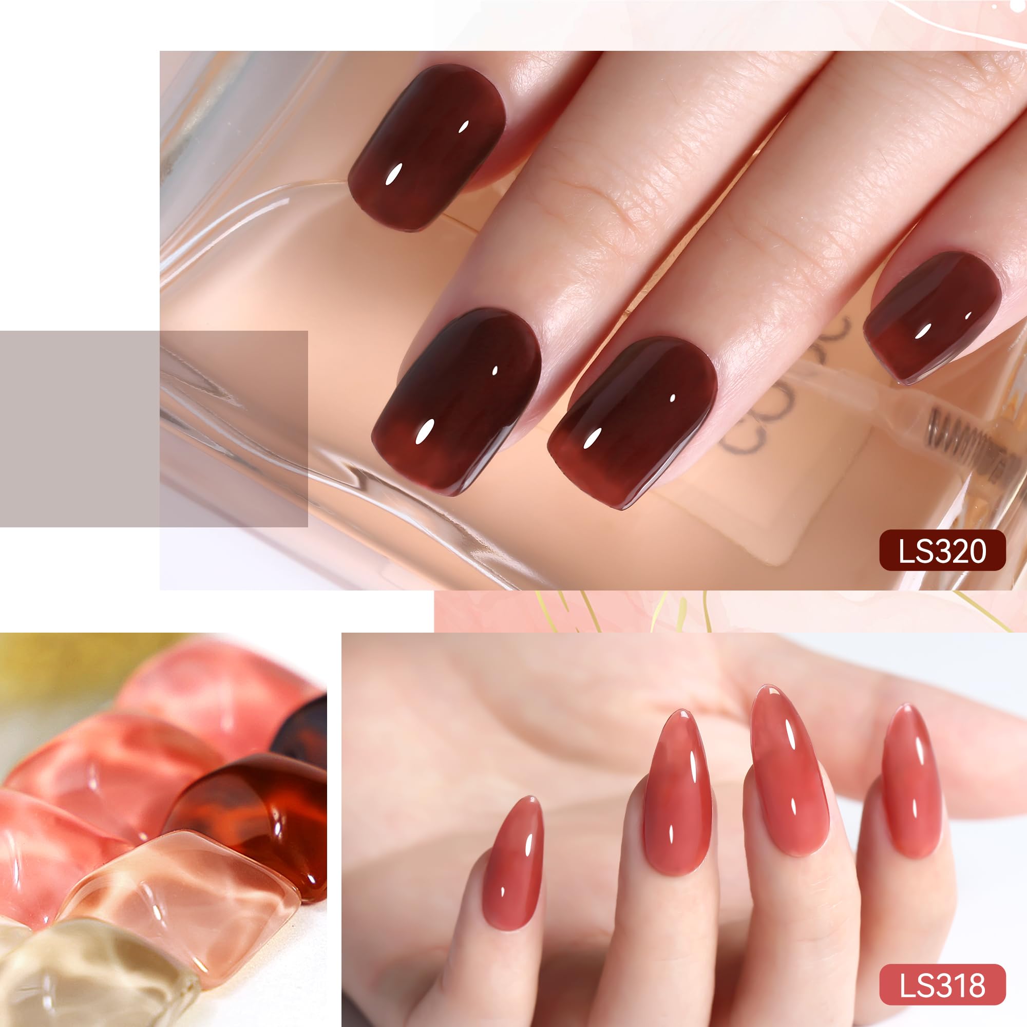 YTD Likomey Nude Gel Nail Polish Set,Fall Winter 8 Colors Translucent Neutral Jelly Sheer Rose Pink Brown Maroon Skin Tone Dark Cherry Red Manicure UV Color Nail Color Varnish Kit,7.5 ml