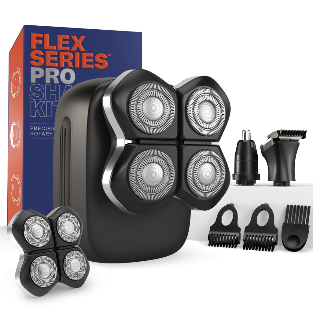 Freebird Electric Head & Body Hair Shaver - Mens Cordless Waterproof Razor with Rotary Blades (FlexSeries Pro, Shaver Kit + One Blade Refill)