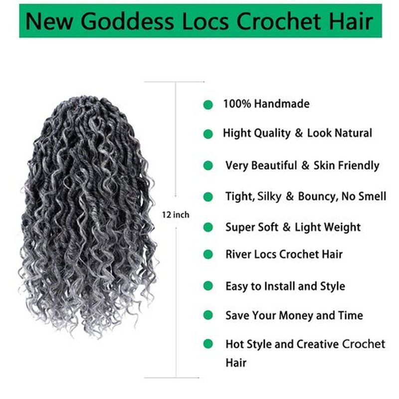 Goddess Locs Crochet Hair 12 Inch Faux Locs Ombre Grey Crochet Hair for Women 6 Packs Crochet Hair Pre Looped Gray Soft River Synthetic Hair Extensions, 1b/grey